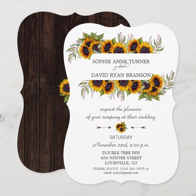 Chic Watercolour Sunflowers Frame Wood Wedding Invitation (Front/Back)
