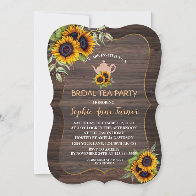 Chic Watercolour Sunflowers Wood Bridal Tea Party Invitation (Front)