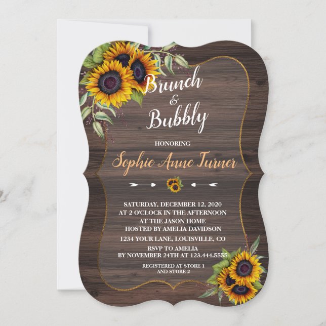 Chic Watercolour Sunflowers Wood Brunch & Bubbly Invitation (Front)