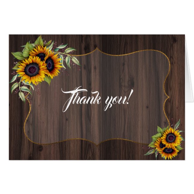 Chic Watercolour Sunflowers Wood Wedding Thank you (Front Horizontal)