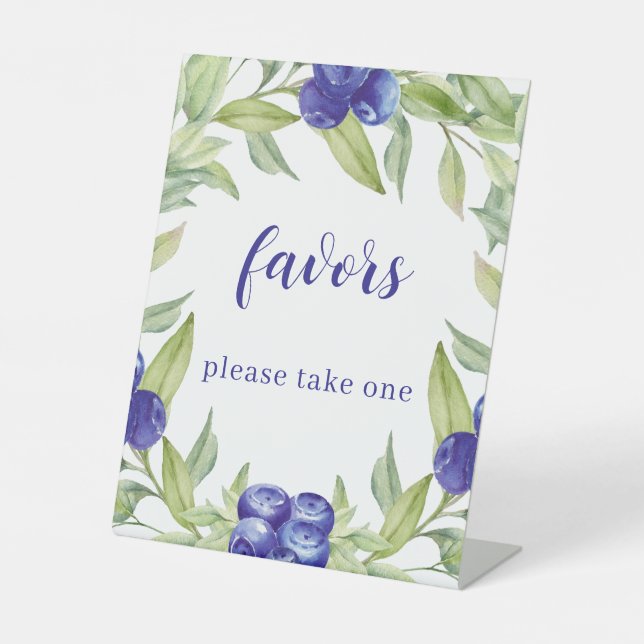 Chic Waterercolor Blueberries Green Leaves Favors Pedestal Sign (Front)