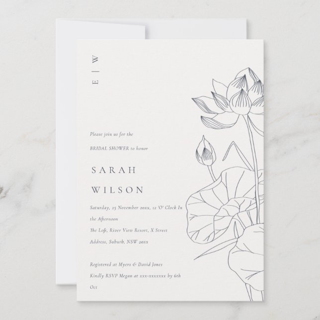 Chic Waterlily Floral Sketch Bridal Shower Invite (Front)