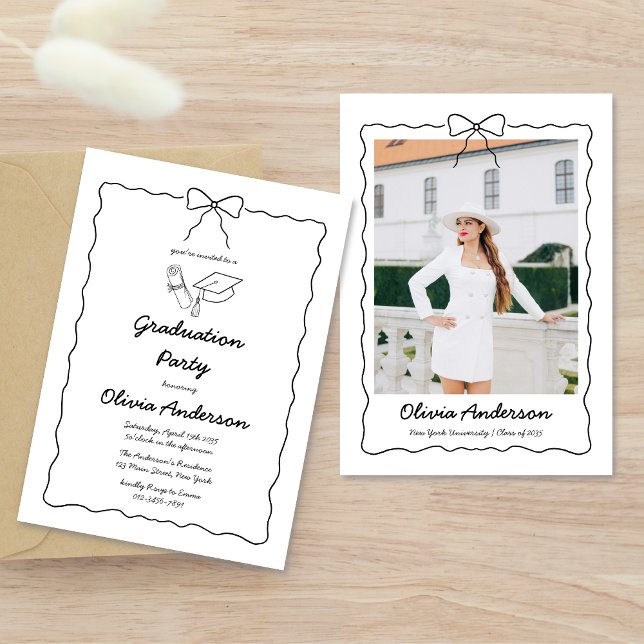 Chic Wavy Hand Drawn Bow Photo Graduation Party Invitation (Creator Uploaded)