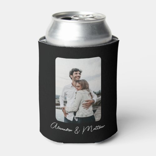 Chic Wedding Black Calligraphy Personalized Photo Can Cooler