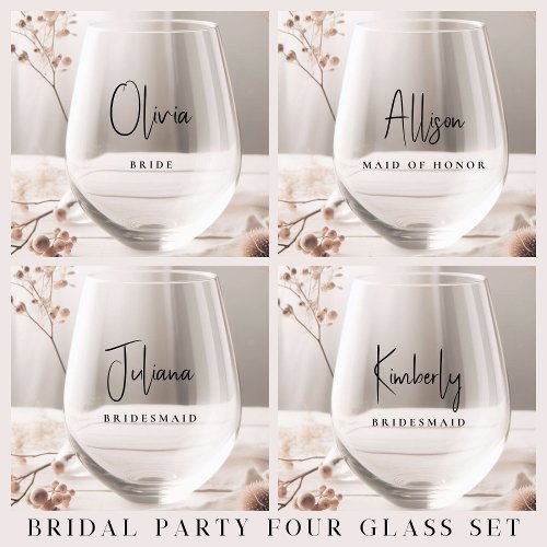 Chic Wedding Bridal Party Stemless Wine Glass