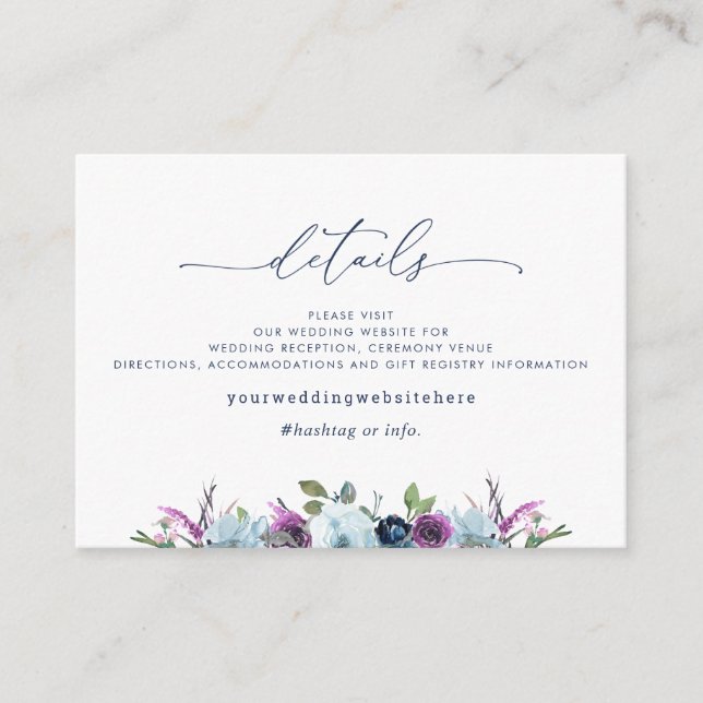 Chic Wedding Details / Website Purple, Blue Floral Enclosure Card (Front)