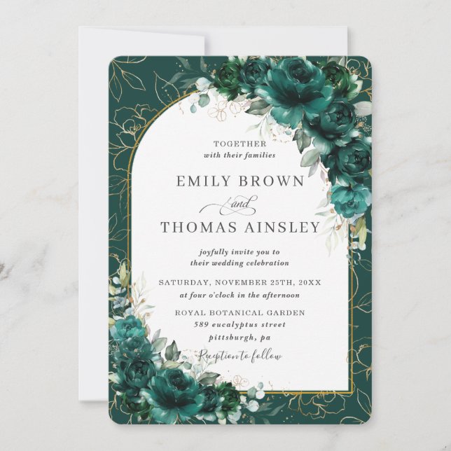 Chic Wedding Emerald Green Roses Floral Gold Arch Invitation (Front)