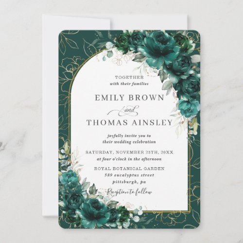 Chic Wedding Emerald Green Roses Floral Gold Arch Invitation