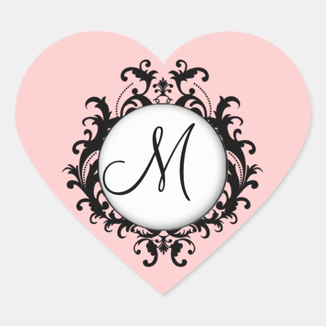 Chic Wedding Initial Damask Label Pink Heart (Front)