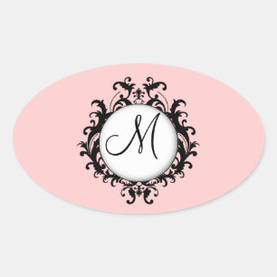 Chic Wedding Initial Damask Label Pink Oval