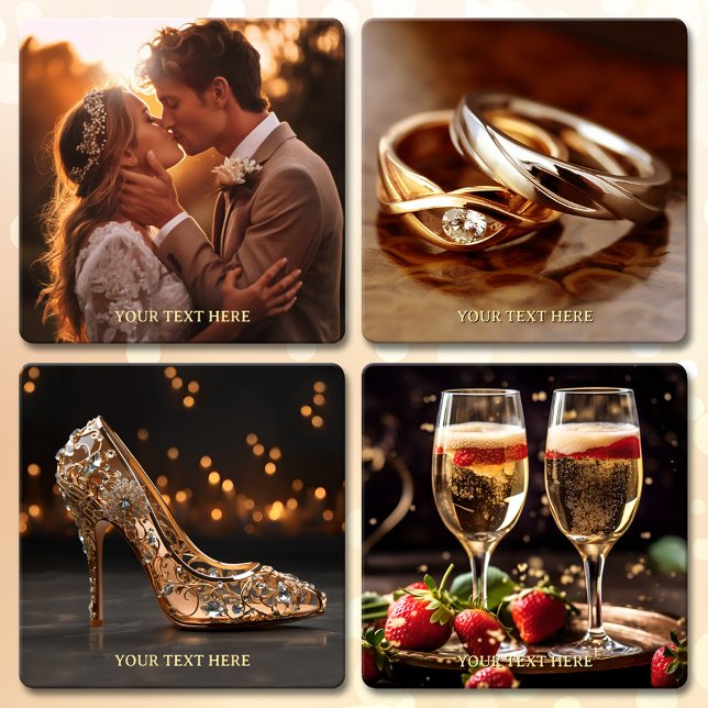 Chic Wedding Photo  Coaster Set (Set of photo coasters with unique illustrations with a wedding theme in a romantic and chic style)