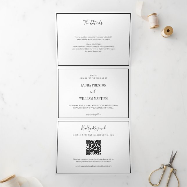 Chic Wedding Photo with RSVP QR Code and Details Tri-Fold Invitation (Inside)