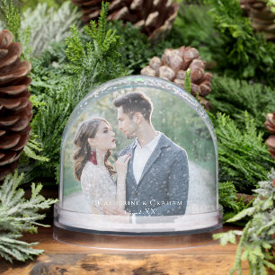 Chic Wedding Photo with White Script Overlay Snow Globe