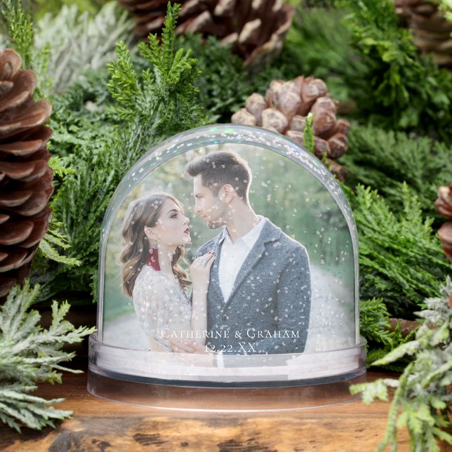 Chic Wedding Photo with White Script Overlay Snow Globe (Winter)