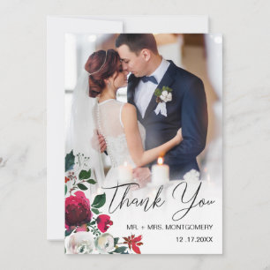 Chic Wedding Red Floral Rose Black Script Photo Thank You Card