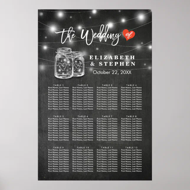 Chic Wedding Seating Chart Mason Jar String Lights | Zazzle