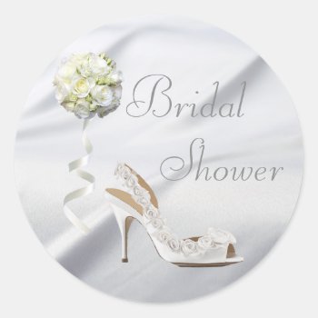 Chic Wedding Shoe & Bouquet Bridal Shower Classic Round Sticker by AJ_Graphics at Zazzle