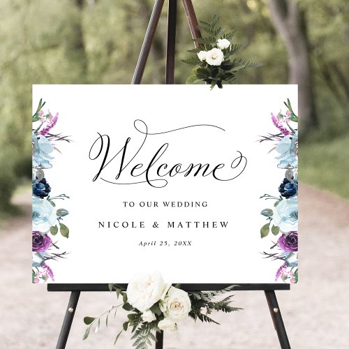 Chic Wedding Welcome Sign Purple and Blue Floral