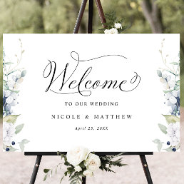 Chic Wedding Welcome Sign White Blue Floral