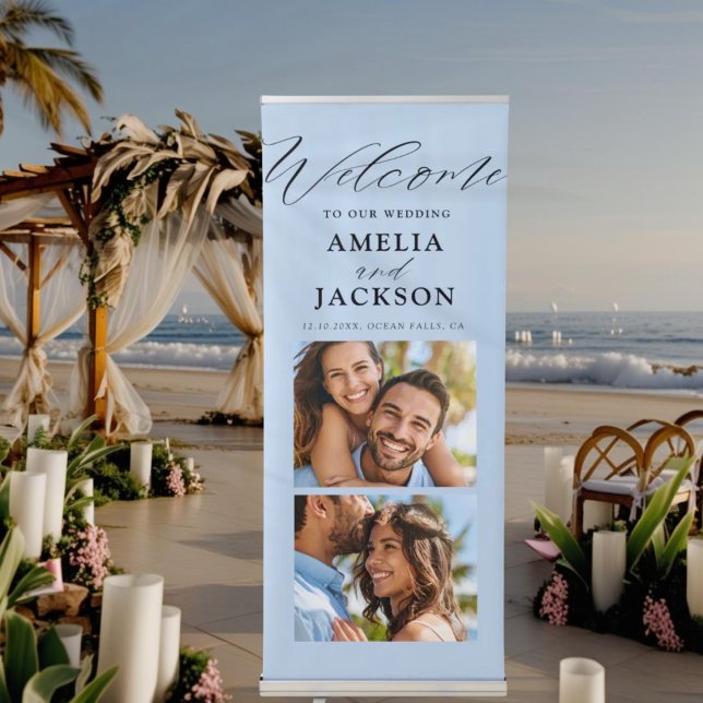 Chic Welcome Blue 2 Photo Wedding Retractable Banner (Creator Uploaded)