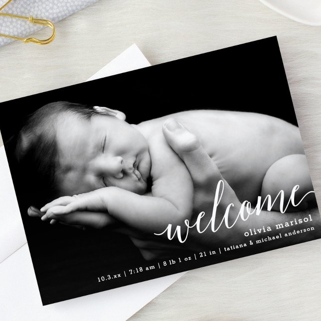 Chic Welcome Calligraphy Script Birth Announcement (Creator Uploaded)
