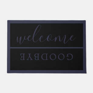 Chic Welcome Calligraphy Typography Black Navy Doormat