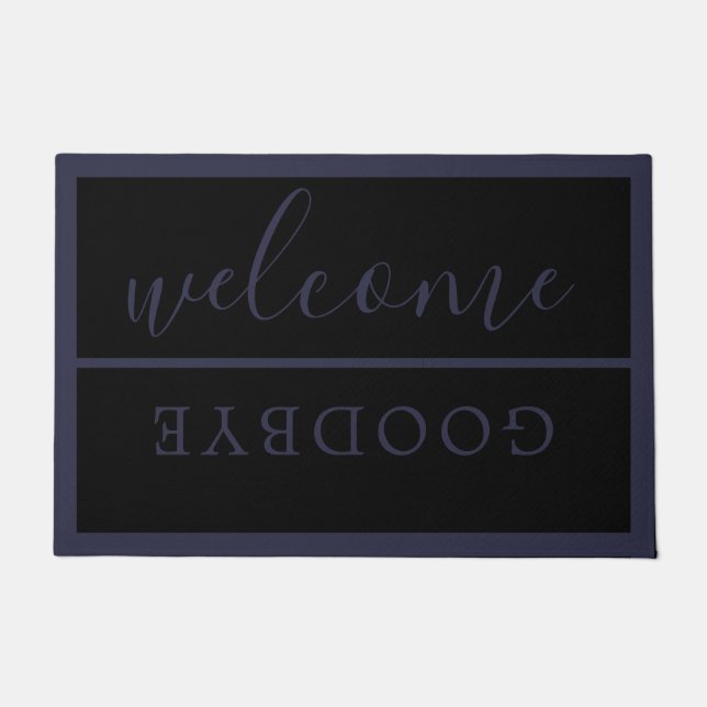 Chic Welcome Calligraphy Typography Black Navy Doormat (Front)