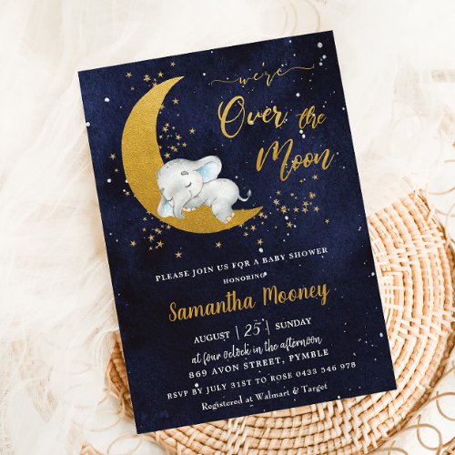Chic Were Over the Moon Elephant Boy Baby Shower Invitation