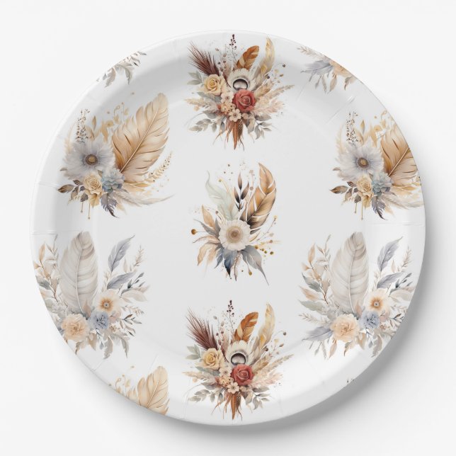 Chic Western Boho Floral Bouquet Pattern  Paper Plates (Front)