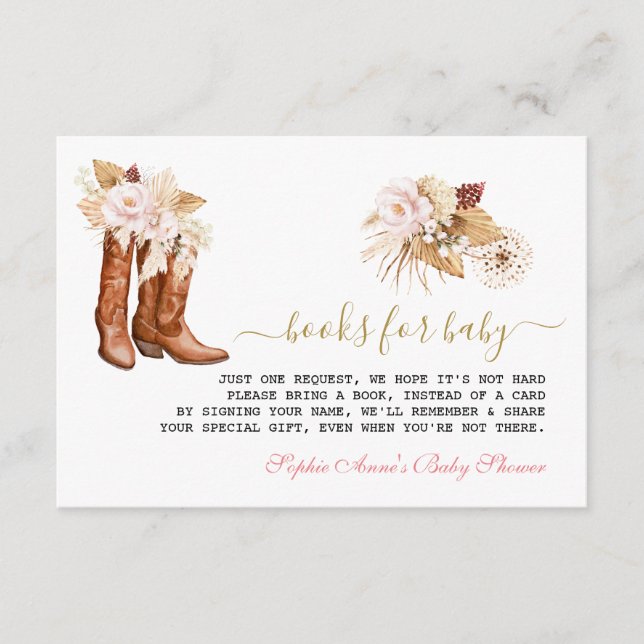 Chic Western Boots Cowgirl Book for Baby Shower Enclosure Card (Front)