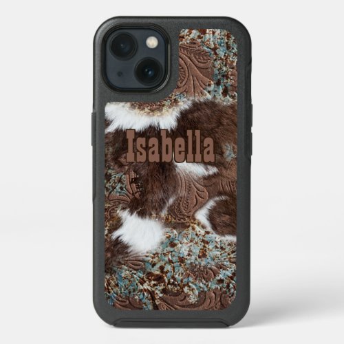 Chic Western Cowhide Brown Leather Turquoise Name iPhone 13 Case