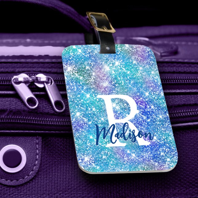 Chic whimsical blue faux glitter monogram luggage tag (Creator Uploaded)