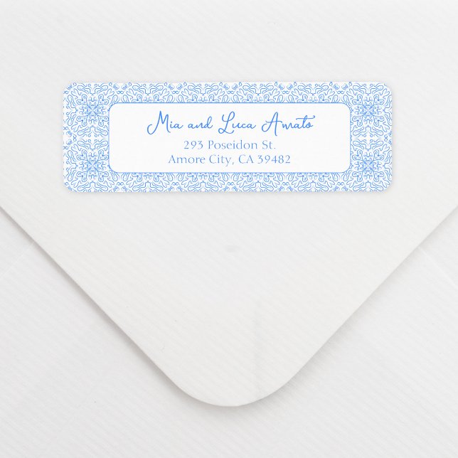 Chic Whimsical Blue Tile Pattern Mediterranean Label (Bring a chic Mediterranean vibe to your invites with this blue tile pattern address label.)