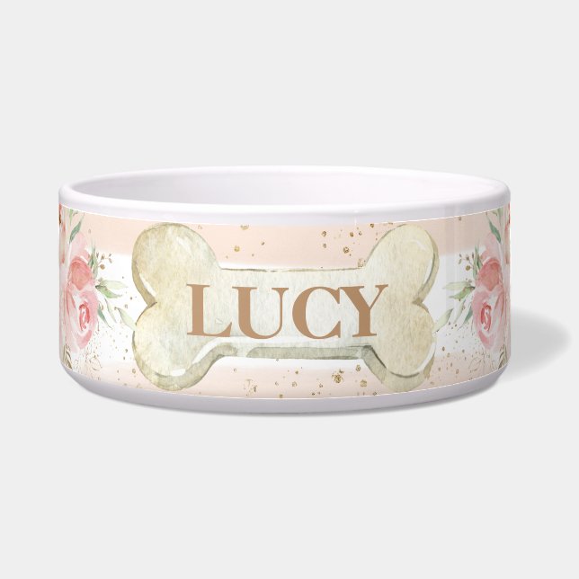 Chic Whimsical Blush Pink Floral Roses Dog Pet Bowl (Front)