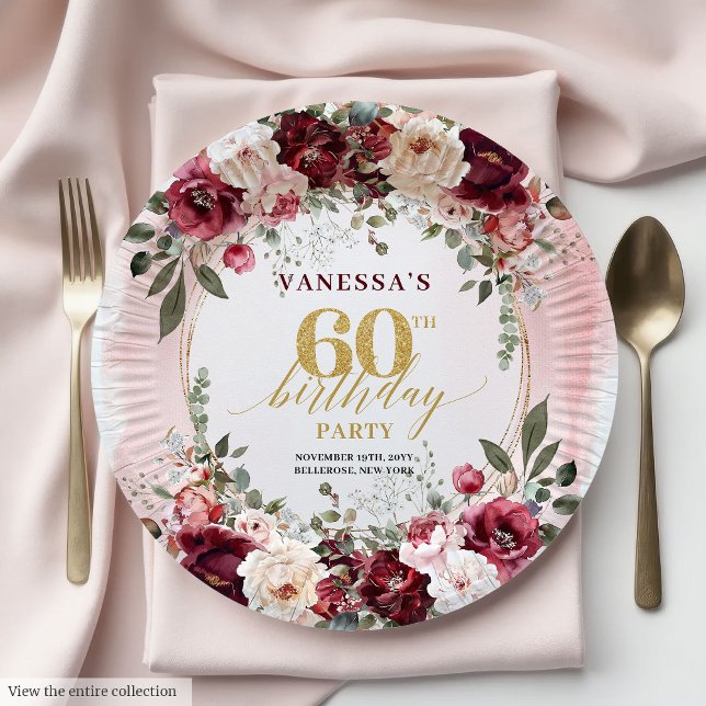 Chic Whimsical Boho Burgundy Eucalyptus Gold 60th Paper Plates (Whimsical Boho Burgundy Eucalyptus Gold 60th Plates)