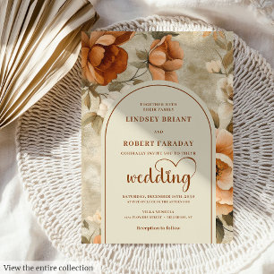 Chic Whimsical Boho Terracotta Beige Olive Wedding Invitation