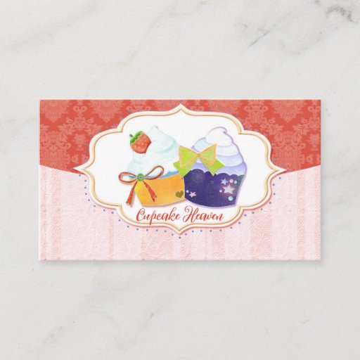 Customizable Cute Bakery Cupcake &amp; Damask in Red Business Cards