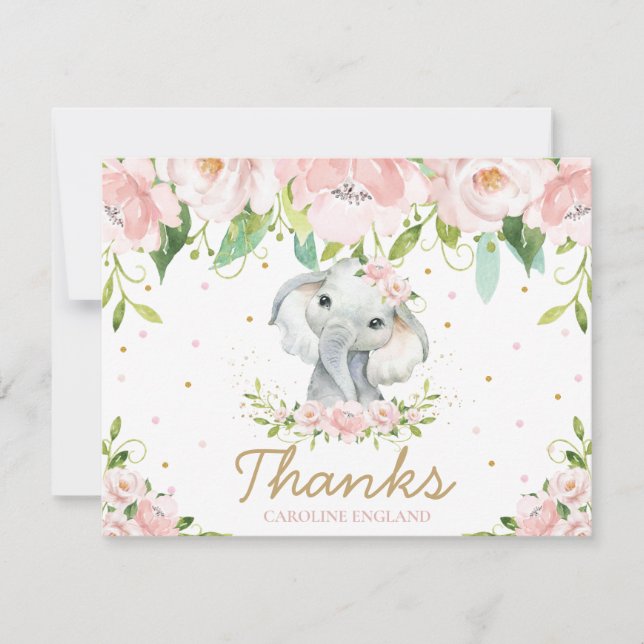 Chic Whimsical Cute Elephant Blush Pink Floral Note Card (Front)