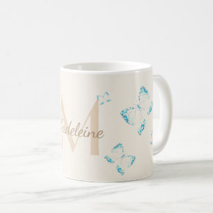 Chic Whimsical Elegant Blue Butterflies Monogram Coffee Mug