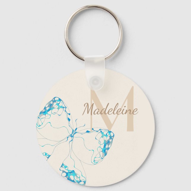 Chic Whimsical Elegant Blue Butterfly Monogram Keychain (Front)