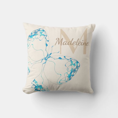 Chic Whimsical Elegant Blue Butterfly Monogram Throw Pillow