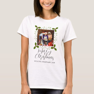 Chic Whimsical Holly Border 1 Photo Christmas T-Shirt