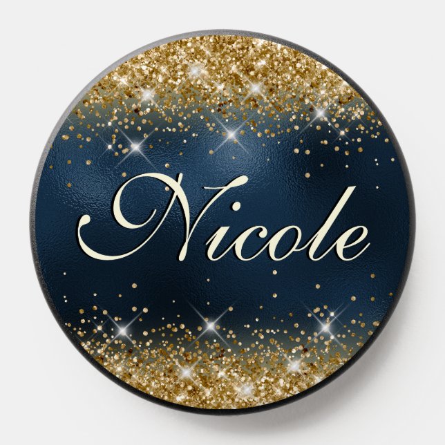 Chic Whimsical Navy Blue Gold Glitter Monogram PopSocket (Popsocket)
