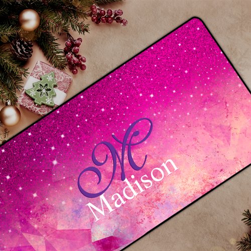 Chic whimsical pink fuchsia ombre glitter monogram desk mat