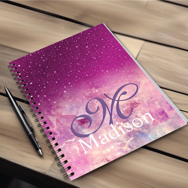 Chic whimsical pink fuchsia ombre glitter monogram notebook (Creator Uploaded)