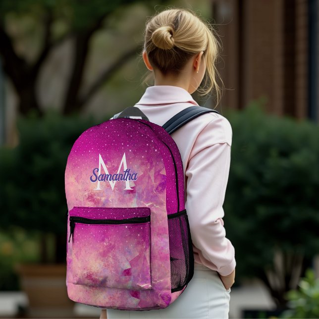 Chic whimsical pink fuchsia ombre glitter monogram printed backpack (Creator Uploaded)