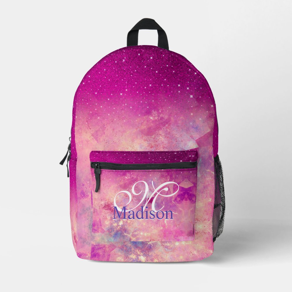 Chic Whimsical Pink Fuchsia Ombre Glitter Monogram Custom Name Printed Backpack