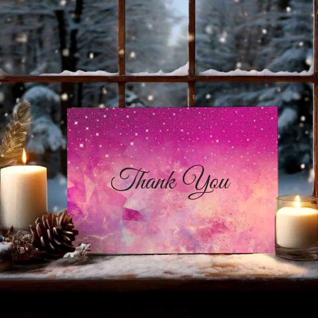 Chic whimsical pink ombre glitter thank you card | Zazzle