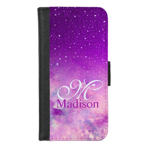Chic whimsical pink purple ombre glitter monogram iPhone 87 wallet case