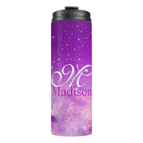 Chic whimsical pink purple ombre glitter monogram thermal tumbler